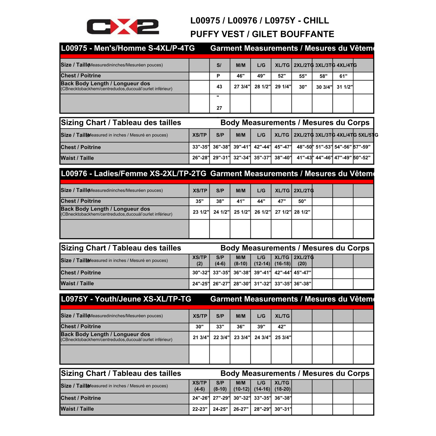 Chill Men's, Ladies and Youth Puff vest L00975,L00976,L0975Y